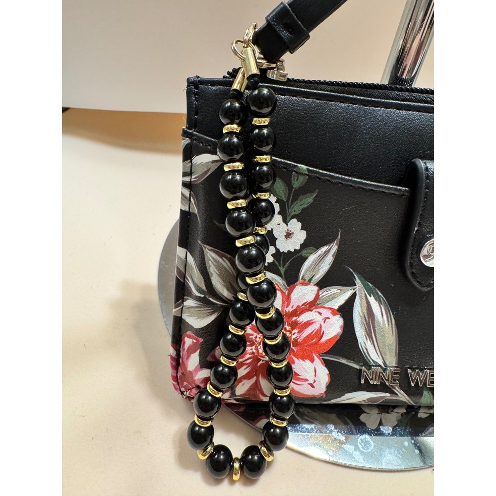Nine West Floral Wristlet Wallet Black Faux Leather Beaded Strap